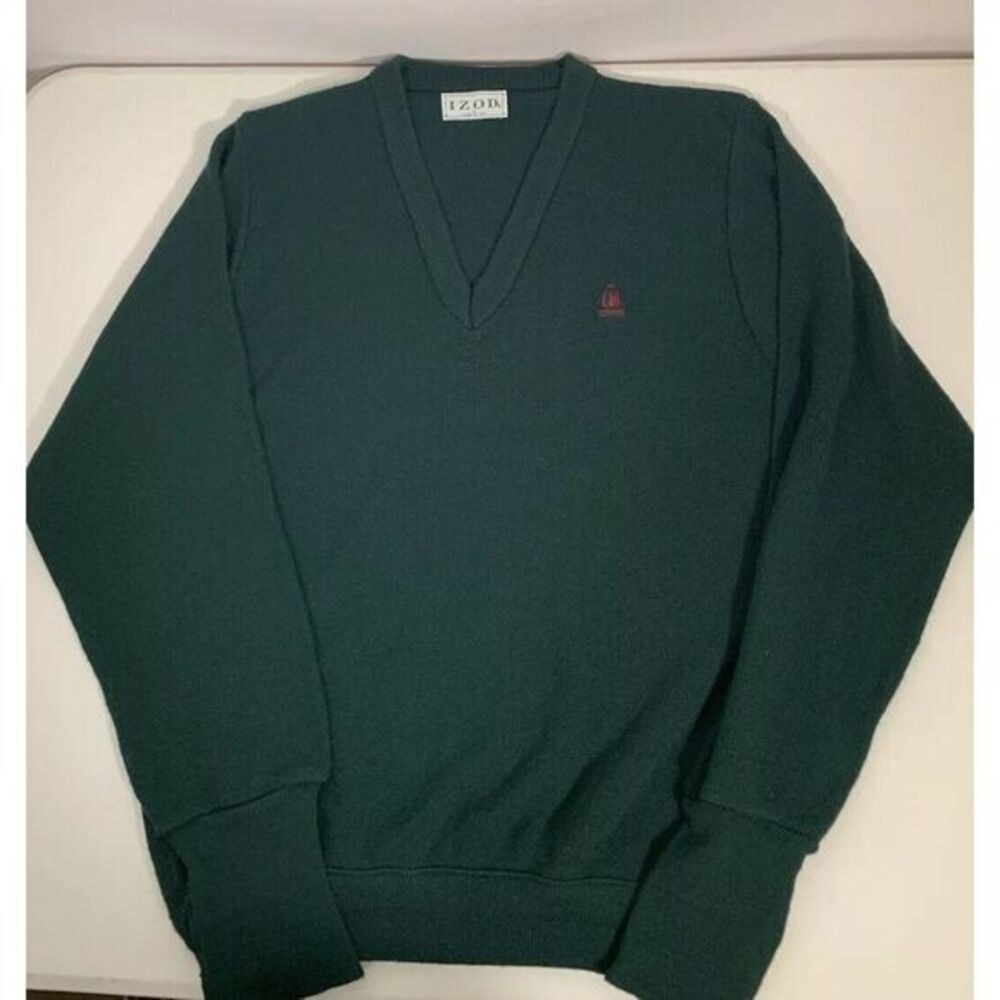 Izod Vintage Vneck Long Sleeved Men's Green Sweater Large Preppy Made In‎ USA